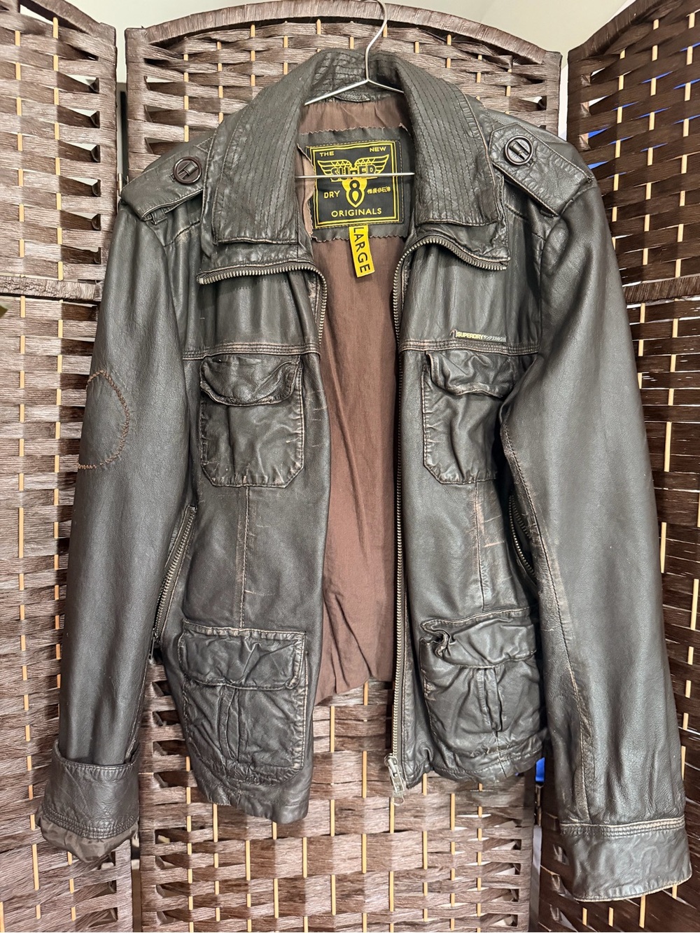 Superdry Brad Leather Jacket. Classic, heavy-duty military and biker. Size Large
